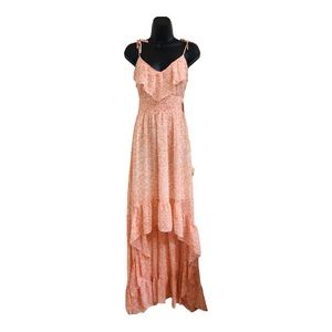 Guess orangeiscle High‎ Low tiered ruffled v-neck smocked maxi dress size XS new
